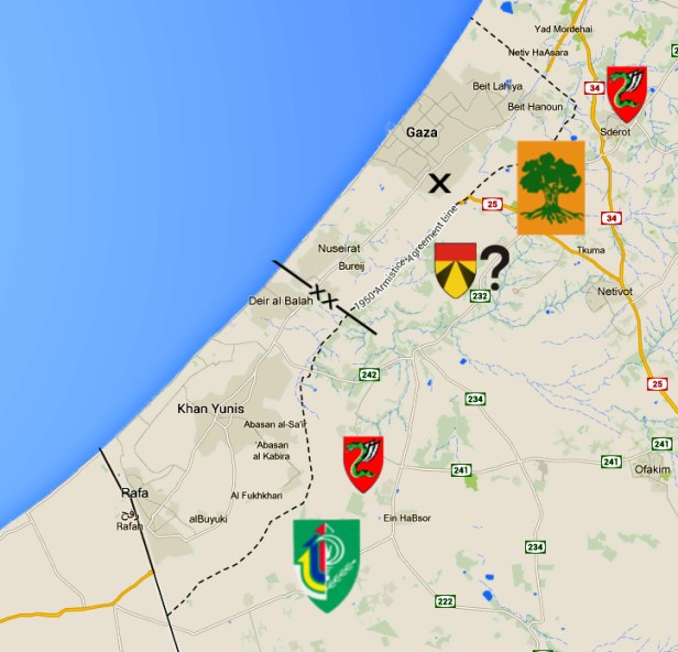 A rough sketch of my estimation of the positions of the main combat units on the frontline. From north to south: Paratroopers, Golani, 401st Armoured (?), Paratroopers, Nahal. The dividing line between the possible Ugdas is nothing more than a guess based on confirmed locations of units and studying of the map.