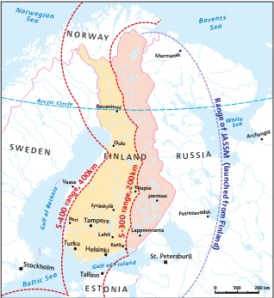 Approximate range of Russian long-range surface-to-air missile systems. Note that due to the curvature of the earth and “rough” surface it is not possible to pick up and target aircrafts flying at low altitude in the outer spectrum of the engagement zone. Graphic by Kauko Kyöstiö from p. 6 of FIIA Briefing Paper 112 (2012) by Charly Salonius-Pasternak: Not just another arms deal: The security policy implications of the United States selling advanced missiles to Finland.