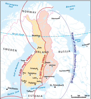 Approximate range of Russian long-range surface-to-air missile systems. Note that due to the curvature of the earth and “rough” surface it is not possible to pick up and target aircrafts flying at low altitude in the outer spectrum of the engagement zone. Graphic by Kauko Kyöstiö from p. 6 of FIIA Briefing Paper 112 (2012) by Charly Salonius-Pasternak: Not just another arms deal: The security policy implications of the United States selling advanced missiles to Finland.