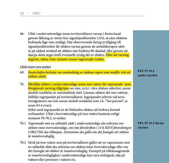 Page in "Handbok IKFN" dealing with submerged submarines in internal waters. Note also the end of previous chapter, dealing with the firing of warning shots. Source: Handbok IKFN