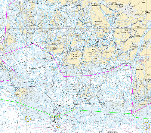 Åbolands skärgård illustrerar de trånga farvatten som är karakteristiska för stora delar av den finska sydkusten. Källa: Finlex 15.03.2010 TRAFI/7106/03.04.01.00/2010 / Sjöfartsverkets sjökort