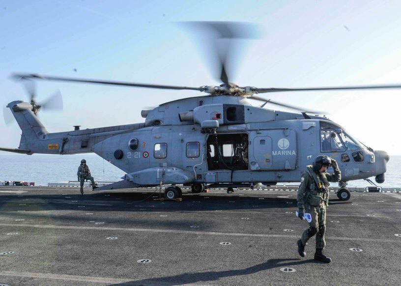 An Italian marine AW101 helicopter - the largest ASW-helicopter currently in use - aboard the amphibious assault ship USS Boxer (LHD 4). Source: U.S. Navy photo by Mass Communication Specialist 3rd Class J. Michael Schwartz/Released via Wikimedia Commons
