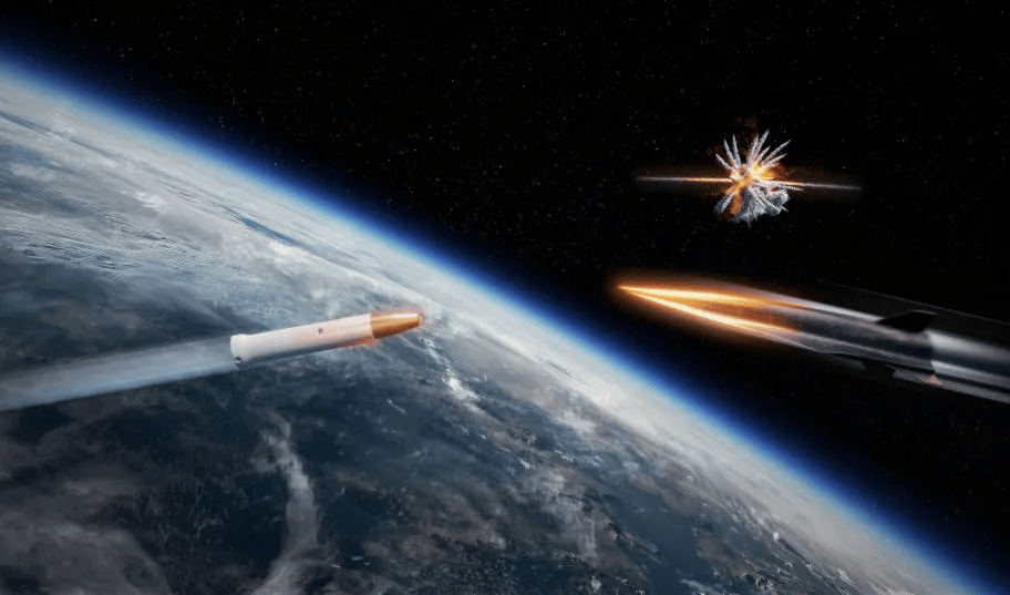 A digitally rendered image of a rocket launching from Earth with a view of the planet in the background, alongside another projectile colliding and creating an explosion in space.